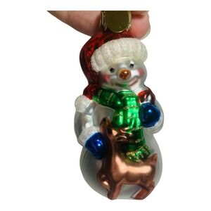 Vintage Thomas Pacconi Glass Christmas Tree Holiday Ornament Snowman With Deer